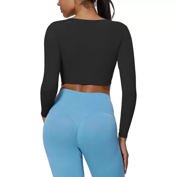 imageAoxjox Vivie Long Sleeve Crop Top for Women Square Neck Hem Layers Workout Crop T Shirt TopBlack