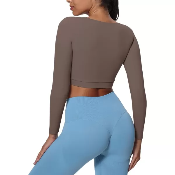 imageAoxjox Vivie Long Sleeve Crop Top for Women Square Neck Hem Layers Workout Crop T Shirt TopFudge Coffee