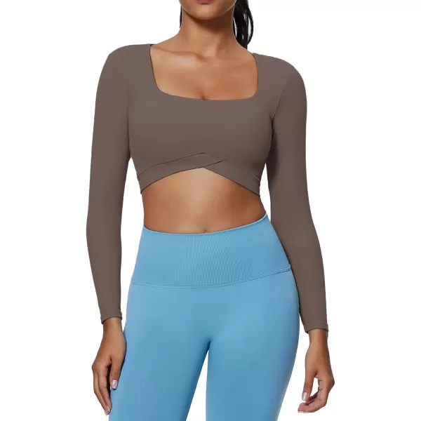 imageAoxjox Vivie Long Sleeve Crop Top for Women Square Neck Hem Layers Workout Crop T Shirt TopFudge Coffee