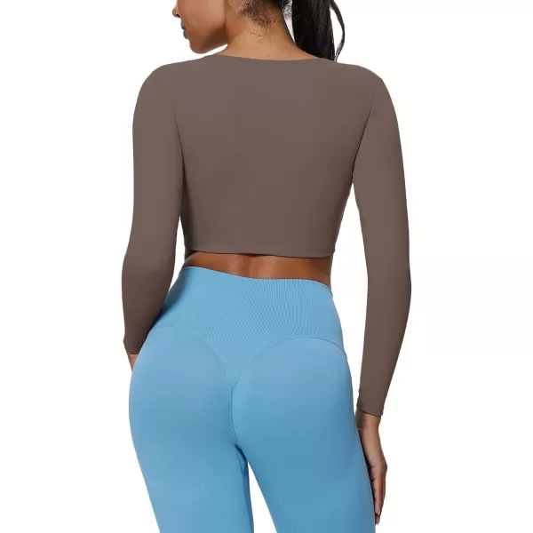 imageAoxjox Vivie Long Sleeve Crop Top for Women Square Neck Hem Layers Workout Crop T Shirt TopFudge Coffee