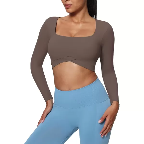 imageAoxjox Vivie Long Sleeve Crop Top for Women Square Neck Hem Layers Workout Crop T Shirt TopFudge Coffee