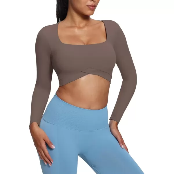 imageAoxjox Vivie Long Sleeve Crop Top for Women Square Neck Hem Layers Workout Crop T Shirt TopFudge Coffee