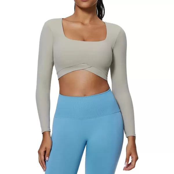 imageAoxjox Vivie Long Sleeve Crop Top for Women Square Neck Hem Layers Workout Crop T Shirt TopMink