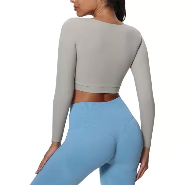 imageAoxjox Vivie Long Sleeve Crop Top for Women Square Neck Hem Layers Workout Crop T Shirt TopMink