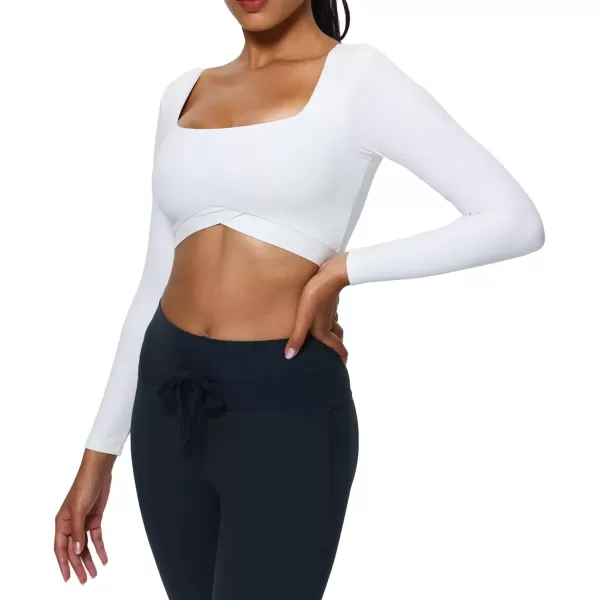 imageAoxjox Vivie Long Sleeve Crop Top for Women Square Neck Hem Layers Workout Crop T Shirt TopWhite