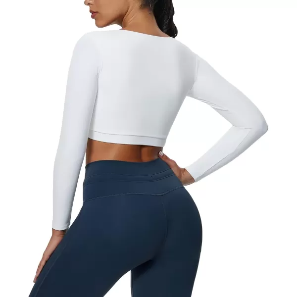 imageAoxjox Vivie Long Sleeve Crop Top for Women Square Neck Hem Layers Workout Crop T Shirt TopWhite