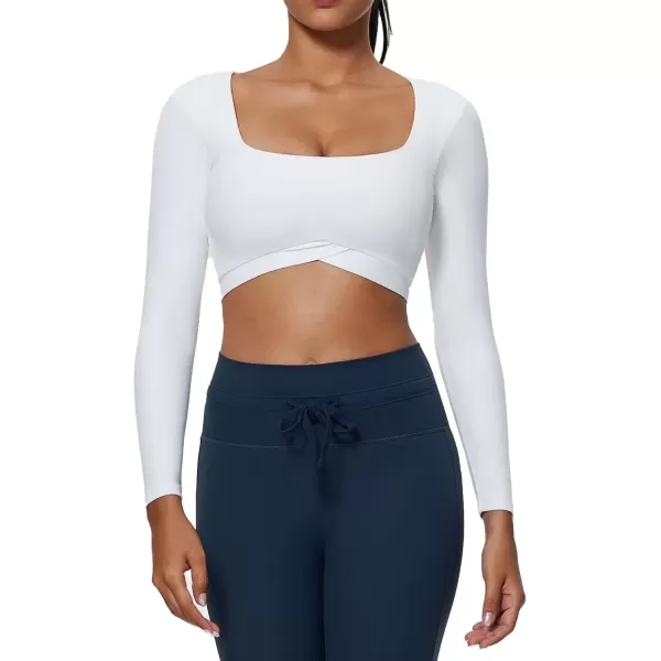 imageAoxjox Vivie Long Sleeve Crop Top for Women Square Neck Hem Layers Workout Crop T Shirt TopWhite