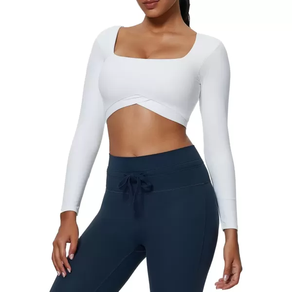 imageAoxjox Vivie Long Sleeve Crop Top for Women Square Neck Hem Layers Workout Crop T Shirt TopWhite