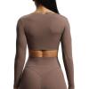 imageAoxjox Long Sleeve Crop Tops for Women Betty Ruched V Neck Workout Cropped T Shirt TopFudge Coffee