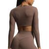 imageAoxjox Long Sleeve Crop Tops for Women Betty Ruched V Neck Workout Cropped T Shirt TopFudge Coffee