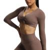 imageAoxjox Long Sleeve Crop Tops for Women Betty Ruched V Neck Workout Cropped T Shirt TopFudge Coffee