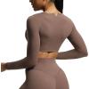 imageAoxjox Long Sleeve Crop Tops for Women Betty Ruched V Neck Workout Cropped T Shirt TopFudge Coffee