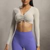 imageAoxjox Long Sleeve Crop Tops for Women Betty Ruched V Neck Workout Cropped T Shirt TopMink