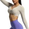 imageAoxjox Long Sleeve Crop Tops for Women Betty Ruched V Neck Workout Cropped T Shirt TopMink