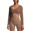 imageAoxjox Long Sleeve Crop Tops for Women Define Sculpt Workout Cropped T Shirt TopFudge Coffee