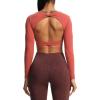 imageAoxjox Long Sleeve Crop Tops for Women Define Sculpt Workout Cropped T Shirt TopRust Red