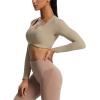 imageAoxjox Long Sleeve Crop Tops for Women Define Sculpt Workout Cropped T Shirt TopTaupe