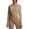 imageAoxjox Long Sleeve Crop Tops for Women Define Sculpt Workout Cropped T Shirt TopTaupe
