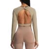 imageAoxjox Long Sleeve Crop Tops for Women Define Sculpt Workout Cropped T Shirt TopTaupe