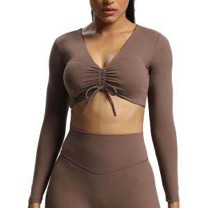imageAoxjox Long Sleeve Crop Tops for Women Betty Ruched V Neck Workout Cropped T Shirt TopFudge Coffee
