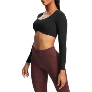 imageAoxjox Long Sleeve Crop Tops for Women Define Sculpt Workout Cropped T Shirt TopBlack