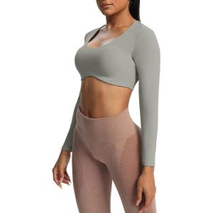 imageAoxjox Long Sleeve Crop Tops for Women Define Sculpt Workout Cropped T Shirt TopGrey