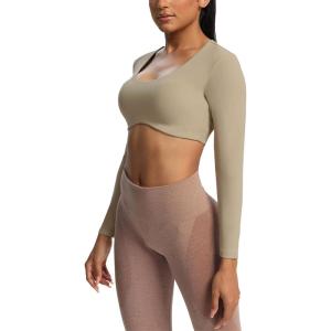 imageAoxjox Long Sleeve Crop Tops for Women Define Sculpt Workout Cropped T Shirt TopTaupe