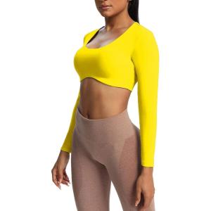 imageAoxjox Long Sleeve Crop Tops for Women Define Sculpt Workout Cropped T Shirt TopVibrant Yellow