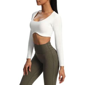 imageAoxjox Long Sleeve Crop Tops for Women Define Sculpt Workout Cropped T Shirt TopWhite
