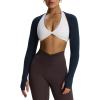 imageAoxjox Womens Long Sleeve Open Front Seamless Shrug Thumb Hole Crop Top Workout CardiganBlueberry