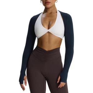 imageAoxjox Womens Long Sleeve Open Front Seamless Shrug Thumb Hole Crop Top Workout CardiganBlueberry
