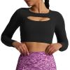 imageAoxjox Long Sleeve Crop Tops for Women Front Cutout Lacey Workout Crisscross Cropped T Shirt TopA Black