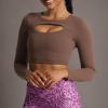 imageAoxjox Long Sleeve Crop Tops for Women Front Cutout Lacey Workout Crisscross Cropped T Shirt TopA Fudge Coffee