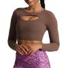 imageAoxjox Long Sleeve Crop Tops for Women Front Cutout Lacey Workout Crisscross Cropped T Shirt TopA Fudge Coffee