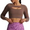 imageAoxjox Long Sleeve Crop Tops for Women Front Cutout Lacey Workout Crisscross Cropped T Shirt TopA Fudge Coffee