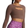 imageAoxjox Long Sleeve Crop Tops for Women Front Cutout Lacey Workout Crisscross Cropped T Shirt TopA Fudge Coffee