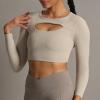 imageAoxjox Long Sleeve Crop Tops for Women Front Cutout Lacey Workout Crisscross Cropped T Shirt TopA Mink