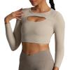 imageAoxjox Long Sleeve Crop Tops for Women Front Cutout Lacey Workout Crisscross Cropped T Shirt TopA Mink