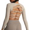 imageAoxjox Long Sleeve Crop Tops for Women Front Cutout Lacey Workout Crisscross Cropped T Shirt TopA Mink