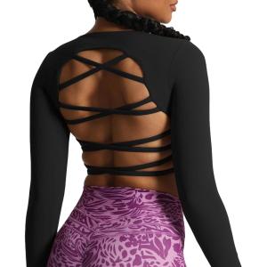 imageAoxjox Long Sleeve Crop Tops for Women Front Cutout Lacey Workout Crisscross Cropped T Shirt TopA Black