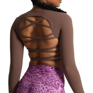 imageAoxjox Long Sleeve Crop Tops for Women Front Cutout Lacey Workout Crisscross Cropped T Shirt TopA Fudge Coffee