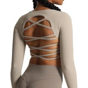 imageAoxjox Long Sleeve Crop Tops for Women Front Cutout Lacey Workout Crisscross Cropped T Shirt TopA Mink