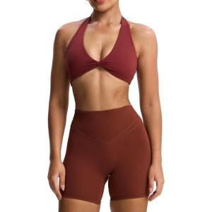 imageAoxjox Womens Workout Halter Sport Bras Fitness Backless Padded Rosie Bra Yoga Crop Tank TopBurgundy