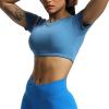 imageAoxjox Short Sleeve Crop Tops for Women Clarissa Hollow Back Workout Cropped T Shirt TopMykonos Blue