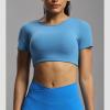 imageAoxjox Short Sleeve Crop Tops for Women Clarissa Hollow Back Workout Cropped T Shirt TopMykonos Blue