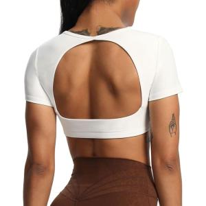 imageAoxjox Short Sleeve Crop Tops for Women Clarissa Hollow Back Workout Cropped T Shirt TopA White