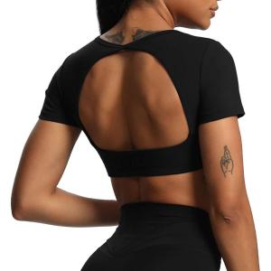 imageAoxjox Short Sleeve Crop Tops for Women Clarissa Hollow Back Workout Cropped T Shirt TopBlack