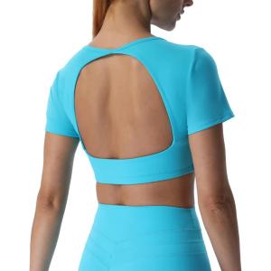 imageAoxjox Short Sleeve Crop Tops for Women Clarissa Hollow Back Workout Cropped T Shirt TopCascade Blue