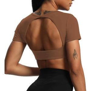 imageAoxjox Short Sleeve Crop Tops for Women Clarissa Hollow Back Workout Cropped T Shirt TopDandelion Brown