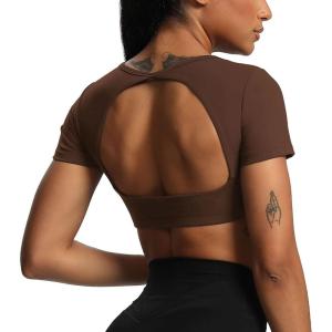 imageAoxjox Short Sleeve Crop Tops for Women Clarissa Hollow Back Workout Cropped T Shirt TopDark Brown